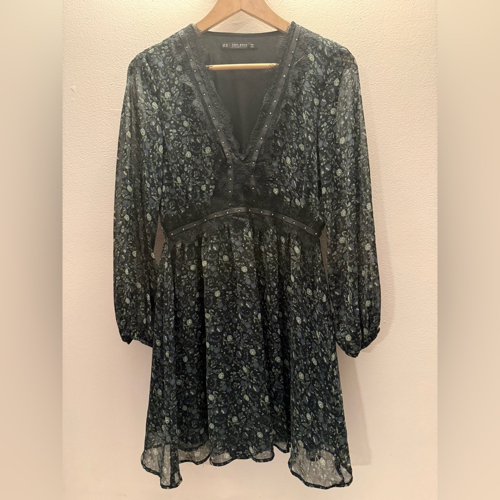 Zara Basic Floral Lace Studded V-Neck Mini Dress Long Sleeve Black Green XS